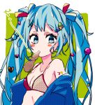  1girl 39 aqua_eyes aqua_hair bikini blush_stickers bokarokaku bottle breasts candy commentary food food_on_hair hair_ornament hair_ribbon halftone hatsune_miku heart ice_cream_cone ice_cream_hair_ornament lollipop long_hair looking_at_viewer mouth_hold popsicle ribbon shoulder_tattoo small_breasts solo swimsuit tattoo twintails upper_body very_long_hair vocaloid 