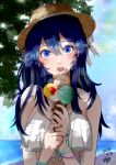  1girl :o absurdres beach bikini blue_hair blue_nails blush bracelet commentary day eating eva02asuka0608 eyebrows_visible_through_hair fire_emblem fire_emblem_awakening food hands_together hat highres ice_cream ice_cream_cone jewelry long_hair looking_at_viewer lucina_(fire_emblem) ocean open_mouth shadow signature sun_hat sunlight swimsuit upper_body upper_teeth 