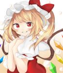  1girl bangs blonde_hair bow brown_background bubble bubble_background crystal dress eyebrows_visible_through_hair eyes_visible_through_hair flandre_scarlet gradient gradient_background hands_together hands_up hat highres hyaku_paasento looking_at_viewer ponytail red_bow red_dress red_eyes red_ribbon ribbon short_hair short_sleeves smile solo teeth touhou white_background white_headwear white_sleeves wings 
