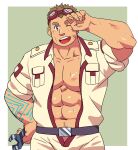  1boy abs bara blush bulge dirty dirty_face goggles goggles_on_head highres kurogane_(tokyo_houkago_summoners) looking_at_viewer male_cleavage male_focus muscular muscular_male navel navel_hair open_clothes open_shirt overalls pectorals ruizu_(takakisan503) short_hair sleeves_rolled_up smile solo stomach sweat tokyo_houkago_summoners 
