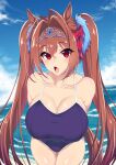  1girl animal_ears bare_shoulders blue_sky blue_swimsuit blush breasts brown_hair cleavage cloud daiwa_scarlet_(umamusume) fang highres horse_ears large_breasts long_hair ocean open_mouth outdoors red_eyes school_swimsuit sky solo swimsuit tanizakura_shidare tiara tongue twintails umamusume very_long_hair 