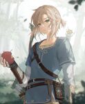  1boy apple arrow_(projectile) bangs black_gloves blonde_hair blue_eyes blue_tunic bow_(weapon) chromatic_aberration closed_mouth earrings fingerless_gloves food fruit gloves hair_between_eyes highres holding holding_food holding_fruit jewelry korok leaf link mada_(shizhou) male_focus pointy_ears ponytail quiver sheikah_slate short_ponytail the_legend_of_zelda the_legend_of_zelda:_breath_of_the_wild tree tunic weapon weapon_on_back 