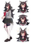  1girl :3 :d =_= alternate_costume animal_ear_fluff animal_ears black_hair black_skirt choker closed_eyes cropped_torso crying crying_with_eyes_open eyebrows_visible_through_hair fang fingers_together full_body grey_serafuku highres hololive loafers long_hair long_sleeves looking_at_viewer mikan_(chipstar182) multicolored_hair multiple_views neckerchief ookami_mio open_mouth pleated_skirt red_hair sailor_collar school_uniform serafuku shoes simple_background skin_fang skirt smile standing streaked_hair tail tail_around_leg tears thighhighs very_long_hair virtual_youtuber white_background white_legwear wolf_ears wolf_girl wolf_tail yellow_eyes zettai_ryouiki 