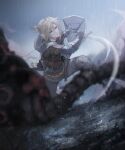  1boy arrow_(projectile) bangs blonde_hair blue_eyes blurry blurry_foreground gloves guardian_(breath_of_the_wild) hair_between_eyes highres holding holding_shield holding_weapon hood hood_down link mada_(shizhou) male_focus outdoors pants parted_lips pointy_ears ponytail quiver rain scimitar shield short_ponytail sky sword the_legend_of_zelda the_legend_of_zelda:_breath_of_the_wild weapon 