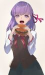  1girl black_skirt breasts brown_vest burger commentary_request fate/stay_night fate_(series) food hair_ribbon hands_up highres holding holding_food long_sleeves lower_teeth matou_sakura medium_breasts medium_hair neck_ribbon open_mouth purple_eyes purple_hair red_neckwear red_ribbon ribbon shirt simple_background skirt solo units_lustil upper_body upper_teeth vest white_background white_shirt 