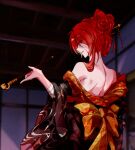  1girl armpits bare_shoulders highres holding honkai_(series) honkai_impact_3rd indoors japanese_clothes kimono kimono_pull kiseru looking_at_viewer looking_back looking_to_the_side murata_himeko open_mouth pipe red_hair smile smoke smoking solo yellow_eyes zhuchengyuanjianzhen 