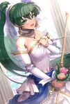  1girl absurdres bangs bare_shoulders blurry blurry_background blush breasts candle cleavage commentary_request detached_collar dress earrings fire_emblem fire_emblem:_the_blazing_blade fire_emblem_heroes frills gonzarez green_eyes green_hair hair_ornament highres jewelry large_breasts lips long_hair looking_at_viewer lyn_(bridal)_(fire_emblem) lyn_(fire_emblem) necklace open_mouth ponytail shiny shiny_hair solo sparkle strapless strapless_dress sweat sweatdrop tied_hair wedding_dress white_dress 
