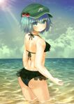  1girl absurdres ass bangs bare_shoulders bikini blue_eyes blue_hair blue_sky breasts closed_mouth cloud commentary_request ekaapetto eyebrows_visible_through_hair green_bikini green_headwear hair_between_eyes hat highres kawashiro_nitori looking_at_viewer ocean short_hair short_twintails sky small_breasts solo standing sun swimsuit touhou twintails water 
