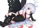  1girl 2drr anne_(bravely_second) antenna_hair arm_behind_back black_footwear black_gloves black_legwear black_leotard blue_eyes blush boots bravely_default_(series) bravely_second:_end_layer breasts butterfly_wings cheek_rest commission commissioner_upload covered_navel fairy gloves highleg highleg_leotard legs leotard long_hair lying on_side pixiv_request pointy_ears silver_hair smile solo thigh_boots thighhighs thighs wings 