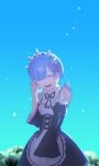  1girl :d absurdres apron bangs blue_hair breasts closed_eyes food hair_over_one_eye hair_ribbon hamutyar0 highres maid maid_apron maid_headdress oni onigiri open_mouth re:zero_kara_hajimeru_isekai_seikatsu rem_(re:zero) ribbon roswaal_mansion_maid_uniform short_hair sky smile solo star_(sky) tears tree 