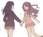  2girls :d amezawa_koma black_jacket blush brown_hair earrings grey_skirt holding holding_hands idolmaster idolmaster_cinderella_girls jacket jewelry long_hair long_sleeves miniskirt multiple_girls one_side_up open_mouth parted_lips pink_skirt pleated_skirt shibuya_rin shimamura_uzuki simple_background skirt smile socks stud_earrings white_background 