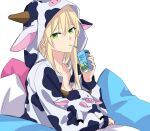  1girl animal_print blonde_hair closed_mouth collarbone cow cow_print drink eyebrows_visible_through_hair girls&#039;_frontline green_eyes highres long_hair looking_at_viewer milk pajamas pillow solo stg44_(girls&#039;_frontline) suprii white_background 