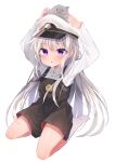  1girl :o absurdres animal_on_head arms_up azur_lane bangs bird blush character_print chick collared_shirt commentary_request eyebrows_visible_through_hair full_body hair_between_eyes hat highres kneehighs little_enterprise_(azur_lane) long_hair long_sleeves looking_at_viewer manjuu_(azur_lane) military_hat on_head overall_skirt peaked_cap purple_eyes seiza shirt sidelocks silver_hair simple_background sino_rameko sitting solo very_long_hair white_background white_headwear white_legwear white_shirt 