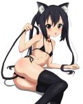  1girl anal_tail animal_ears arm_support bell bikini black_bikini black_hair black_hairband black_legwear blush brown_eyes cat_ears cat_tail fake_animal_ears fake_tail feet_out_of_frame flat_chest hairband highres jingle_bell k-on! legs_together long_hair looking_at_viewer micro_bikini nakano_azusa neck_bell open_mouth parted_lips reclining simple_background sincos sitting solo swimsuit tail tail_grab thighhighs twintails white_background yokozuwari 