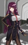  1girl absurdres black_gloves black_legwear breasts closed_mouth eyebrows_visible_through_hair feet_out_of_frame girls&#039;_frontline gloves hand_on_hip hanser highres long_hair looking_at_viewer medium_breasts necktie pantyhose purple_hair red_eyes red_neckwear simple_background solo standing wa2000_(girls&#039;_frontline) 