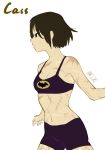  animal_print arm_grab artist_request bat bat_print batgirl bike_shorts black_eyes black_hair breasts cassandra_cain dc_comics highres medium_breasts pulling scar scar_on_arm scar_on_cheek scar_on_chest scar_on_face scar_on_leg short_hair white_background 