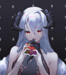  1girl absurdres apple breasts collarbone demon_horns dragon dress eyebrows_visible_through_hair food fruit highres holding holding_food holding_fruit horns long_hair looking_at_viewer mea_(hwaksal) open_mouth original red_eyes silver_hair simple_background solo 