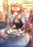  1girl animal_ears animal_print black_hair bow breast_pocket brown_vest cake collared_shirt commentary_request cup eating elbow_gloves extra_ears eyebrows_visible_through_hair food fork gloves hair_bow japari_symbol kemono_friends kemono_friends_3 long_hair necktie official_art orange_bow orange_hair orange_neckwear plaid_neckwear pocket print_gloves shimizu_haro shirt short_sleeves siberian_tiger_(kemono_friends) solo strawberry_shortcake tail tea teacup tiger_ears tiger_girl tiger_print tiger_tail translation_request twintails vest white_hair white_shirt yellow_eyes 