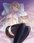  1girl black_legwear black_skirt blonde_hair breasts cleavage closed_mouth collarbone eyebrows_visible_through_hair girls&#039;_frontline green_eyes hand_on_head highres long_hair looking_at_viewer lying medium_breasts on_back on_bed open_clothes open_shirt pillow serious shirt simple_background skirt solo stg44_(girls&#039;_frontline) suprii thighhighs white_shirt 