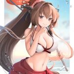  1girl bikini breasts brown_hair cherry_blossoms cleavage cloud commentary flower gradient_sky hair_flower hair_ornament headgear highres kantai_collection large_breasts long_hair navel oil-paper_umbrella ponytail red_eyes red_sarong red_umbrella sarong sky smile solo swimsuit umbrella white_bikini yamato_(kancolle) yunamaro 