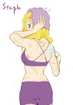  artist_request ass bandages batgirl bike_shorts blonde_hair blue_eyes bottle breasts dc_comics drying drying_body drying_hair facing_away from_behind highres looking_at_viewer looking_back medium_breasts medium_hair purple_shorts purple_sports_bra scar scar_on_arm scar_on_cheek scar_on_chest scar_on_face scar_on_leg shorts sideboob sports_bra stephanie_brown towel walking_away water_bottle 