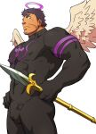  1boy angel angel_wings ass bara beard black_bodysuit black_hair bodysuit bulge covered_abs covered_navel covered_nipples facial_hair feathered_wings halo highres holding holding_spear holding_weapon large_pectorals looking_at_viewer male_focus mature_male muscular muscular_male nether_angel_(tokyo_houkago_summoners) pectorals polearm ruizu_(takakisan503) short_hair sideburns skin_tight solo spear stubble thick_thighs thighs tokyo_houkago_summoners weapon wings 