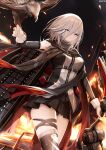  1girl arm_warmers azur_lane bald_eagle bandaged_leg bandages bangs bare_shoulders belt bird bird_on_hand black_belt black_legwear black_panties black_scarf black_shirt black_skirt bow_(weapon) breasts closed_mouth code_g_(azur_lane) commentary cowboy_shot eagle eyebrows_visible_through_hair fire flight_deck gloves hair_between_eyes hand_up highres holding holding_bow_(weapon) holding_weapon large_breasts long_hair looking_at_viewer miniskirt nekoya_(liu) ocean panties pantyshot partially_unzipped pleated_skirt rigging scarf shirt sidelocks signature silver_eyes silver_hair single_glove single_thighhigh skirt sleeveless sleeveless_shirt solo_focus standing standing_on_liquid thighhighs torn_clothes torn_legwear two-tone_shirt underbust underwear very_long_hair weapon white_gloves white_shirt zipper zipper_pull_tab 