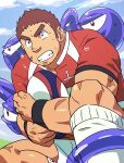  1boy bara brown_hair facial_hair goatee gunzo_(tokyo_houkago_summoners) highres male_focus muscular muscular_male red_shirt rugby rugby_ball rugby_uniform ruizu_(takakisan503) scar_on_leg shirt short_hair shorts sideburns socks solo spirit sportswear stubble sweat thick_eyebrows tokyo_houkago_summoners white_shorts 