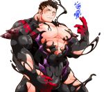  1boy abs alternate_costume bara blue_fire blush bulge cosplay_request cowboy_shot facial_hair fire highres kizami_nori_to_yamaimo large_pectorals male_cleavage male_focus mature_male muscular muscular_male pectorals short_hair sideburns skin_tight slime_(substance) solo stomach stubble sweatdrop thighs tokyo_houkago_summoners zabaniya_(tokyo_houkago_summoners) 