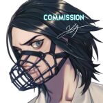  bangs black_hair collarbone collared_shirt commission danganronpa/zero danganronpa_(series) face grey_background grey_eyes grey_shirt looking_at_viewer matsuda_yasuke muzzle parted_lips rei_(tdn_ng) shiny shiny_hair shirt short_hair signature simple_background solo teeth 