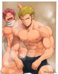  2boys abs bara blonde_hair blush boxers bulge completely_nude convenient_arm fairy_tail laxus_dreyar long_sideburns male_focus male_underwear multiple_boys muscular muscular_male naked_scarf natsu_dragneel navel nipples nude pectorals scar scar_across_eye scarf short_hair sideburns sitting smile spread_legs steam stomach toned toned_male torakichi_(ebitendon) underwear underwear_only 