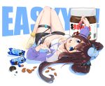  1girl :d black_choker black_shorts blue_eyes brand_name_imitation breasts brown_hair choker cookie crop_top food hair_rings highres holding knees_up kutata long_hair long_sleeves looking_at_viewer lying midriff navel nintendo_switch nutella on_back open_mouth se:a se:a_story shirt short_shorts shorts shrug_(clothing) sleeveless sleeveless_shirt small_breasts smile socks solo stomach thighs virtual_youtuber white_shirt yellow_legwear 