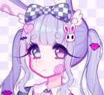  1girl ariimaw bandages bangs blue_eyes blunt_bangs bow broken_heart bunny_hair_ornament checkered checkered_background collared_shirt cracked_skin eyebrows_visible_through_hair frown hair_bow hair_ornament hairclip heart heart_hair_ornament heart_in_eye heterochromia hikimayu long_eyelashes looking_at_viewer original pink_eyes shirt short_eyebrows sidelocks solo symbol_in_eye twintails 