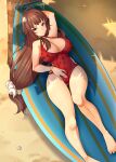  1girl ahoge ajidot arm_behind_back armpits ass_visible_through_thighs asymmetrical_hair barefoot beach blue_eyes breasts brown_hair choker cleavage closed_mouth covered_navel daphne_(last_origin) eyebrows_visible_through_hair hair_ornament halterneck hammock highres large_breasts last_origin legs long_hair looking_at_viewer low-tied_long_hair lying on_back one-piece_swimsuit palm_tree ponytail red_swimsuit seashell shade shell shell_hair_ornament single_sidelock smile solo swimsuit tree tsurime very_long_hair wide_hips 
