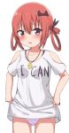 1girl bat_hair_ornament blush breasts clothes_lift clothing_cutout collarbone fang gabriel_dropout hair_ornament hair_rings highres hippo_(hirople) lifted_by_self looking_at_viewer panties parted_lips red_eyes red_hair satanichia_kurumizawa_mcdowell shirt shirt_lift short_sleeves shoulder_cutout simple_background small_breasts solo standing striped striped_panties underwear white_background white_shirt 