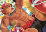  1boy abs bandaid bandaid_on_nose bara bare_pectorals black_male_swimwear blush bulge cocktail_glass cup dark-skinned_male dark_skin drinking_glass league_of_legends lying male_focus male_swimwear min_(bellta) muscular muscular_male navel nipples official_alternate_costume on_back pectorals sett_(league_of_legends) short_hair solo spread_legs stomach swim_briefs tan thick_thighs thighs 