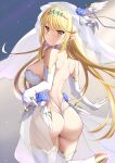  1girl alternate_costume ass bangs bare_shoulders blonde_hair breasts bridal_veil bride cleavage cleavage_cutout clothing_cutout daive dress earrings elbow_gloves gloves highres jewelry large_breasts long_hair looking_back mythra_(xenoblade) ring swept_bangs thighhighs tiara veil very_long_hair wedding_dress white_gloves white_legwear wings xenoblade_chronicles_(series) xenoblade_chronicles_2 yellow_eyes 