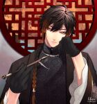  1boy bangs black_gloves black_hair blurry blurry_background braid braided_ponytail chinese_clothes closed_mouth commentary_request diamond-shaped_pupils diamond_(shape) eyeliner formal genshin_impact gloves gradient_hair hair_between_eyes hair_tie highres holding holding_pipe jacket lhn7gnsn long_hair long_sleeves looking_at_viewer makeup male_focus multicolored_hair orange_hair pipe ponytail smile solo symbol-shaped_pupils wide_sleeves window yellow_eyes zhongli_(genshin_impact) 
