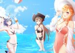  3girls :d :o ;d absurdres anchor_earrings arm_strap armpits azur_lane ball bangs bare_shoulders beachball bikini bikini_skirt black_bikini blonde_hair blue_hair blue_sky blush breasts brown_hair choker cleavage cloud collarbone commentary_request commission cowboy_shot criss-cross_halter cross cross_necklace cutoffs day detached_sleeves earrings eyebrows_visible_through_hair frilled_choker frilled_swimsuit frills gascogne_(azur_lane) gascogne_(beach_adaptive_armor)_(azur_lane) groin hair_between_eyes hair_ornament halterneck hand_up hat headgear highleg highleg_bikini highleg_swimsuit highres jean_bart_(azur_lane) jean_bart_(secret_afternoon)_(azur_lane) jewelry knees_together_feet_apart konparu_uran large_breasts layered_bikini lens_flare long_hair looking_at_another looking_up medium_breasts multicolored_hair multiple_girls multiple_straps nail_polish navel necklace ocean one-piece_swimsuit one_eye_closed open_fly open_mouth orange_scrunchie outdoors pink_nails pink_swimsuit pirate_hat playing red_eyes richelieu_(azur_lane) richelieu_(flagship_in_the_sea_breeze)_(azur_lane) scrunchie short_hair short_shorts shorts side-tie_bikini side-tie_swimsuit sidelocks skeb_commission sky smile sparkle standing standing_on_one_leg stomach sun_hat swimsuit thigh_strap very_long_hair w_arms wading white_bikini white_choker white_headwear white_sleeves wrist_scrunchie yellow_eyes 