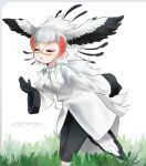  1girl bird_girl bird_tail bird_wings black_gloves black_hair black_pants blonde_hair capri_pants closed_eyes coat collared_shirt commentary_request gloves grass hair_between_eyes head_wings highres inu_(user_arjr4358) kemono_friends long_coat long_hair multicolored_hair pants pantyhose red_hair secretarybird_(kemono_friends) semi-rimless_eyewear shirt solo streaked_hair white_coat white_hair white_neckwear wings 