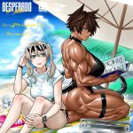  2girls absurdres animal_ears apple_watch beach beach_towel beach_umbrella bikini bikini_bottom black_bikini black_swimsuit blonde_hair blue_sky boombox brown_hair cat_ears cat_tail cloud competition_swimsuit dark-skinned_female dark_skin desperado_(yotaro) earrings eyewear_on_head highleg highleg_swimsuit highres jewelry magazine mao_(yotaro) midriff multiple_girls muscular muscular_female ocean one-piece_swimsuit palms shirt short_hair side-tie_bikini sky sunglasses swimsuit t-shirt tachibana_rikka tail thigh_strap towel twintails umbrella wristband yellow_eyes yotaro 