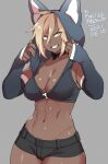  1girl 2021 abs agawa_ryou blonde_hair breasts cameltoe dark_skin dated grey_background grin long_hair looking_at_viewer medium_breasts midriff navel original short_shorts shorts simple_background smile solo wolf_hood yellow_eyes zipper 