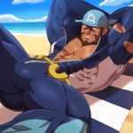  1boy abs archie_(pokemon) arms_behind_head bara beach beard black_eyes black_hair black_shirt blue_bandana blue_bodysuit bodysuit bulge chain_necklace covered_abs covered_nipples crestren dark-skinned_male dark_skin day facial_hair highres large_pectorals long_sleeves looking_at_viewer lying male_cleavage male_focus mature_male muscular muscular_male on_back partially_unzipped pectorals pokemon pokemon_(game) pokemon_oras popped_collar reward_available sand shirt short_hair smirk solo spread_legs stomach thick_thighs thighs torn_bodysuit torn_clothes wetsuit yellow_belt 