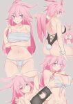  1girl animal_ears ass bandages bangs bare_shoulders bikini bikini_top breast_grab breasts bunny_tail cat_bra closed_mouth embarrassed fox_ears fundoshi grabbing grey_background hair_between_eyes highres honkai_(series) honkai_impact_3rd jack_(darkshero) japanese_clothes long_hair looking_at_viewer looking_back navel pink_hair playboy_bunny purple_eyes sideboob simple_background swimsuit tail yae_sakura 