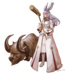  1girl animal animal_ears bangs boots bunny_ears cropped_jacket final_fantasy final_fantasy_xiv fingerless_gloves full_body gloves high_heel_boots high_heels holding holding_mallet long_hair long_sleeves mallet muraicchi_(momocchi) purple_hair solo standing viera white_background yellow_eyes 
