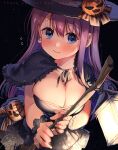  1girl absurdres bangs black_dress blue_eyes blush breasts broom capelet cleavage dress earrings geshumaro hat highres holding holding_broom jack-o&#039;-lantern jewelry large_breasts long_hair purple_hair ribbon scrunchie solo tsubaki-sama_wa_sakihokore_nai witch_hat 