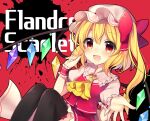  1girl :d ascot bangs black_legwear blonde_hair blush bow bright_pupils character_name commentary_request crystal eyebrows_visible_through_hair eyelashes fang flandre_scarlet frilled_shirt_collar frills hair_between_eyes happy hat hat_bow looking_at_viewer mob_cap multicolored_wings one_side_up outstretched_arm petticoat puffy_short_sleeves puffy_sleeves red_background red_bow red_eyes red_skirt red_vest ruhika short_hair short_sleeves side_ponytail simple_background skirt slit_pupils smile solo splatter thighhighs touhou upper_body vest white_headwear white_pupils wings wrist_cuffs yellow_ascot 