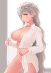  1girl areola_slip areolae blush bottomless breasts collarbone commentary_request covered_nipples cowboy_shot cypress groin highres jewelry kantai_collection large_breasts long_hair looking_at_viewer naked_shirt navel no_bra no_panties open_clothes open_shirt ring see-through shirt silver_hair solo unryuu_(kancolle) very_long_hair wedding_band white_shirt yellow_eyes 