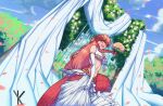  1girl :d absurdres blush bouquet breasts bride cloud dress earrings fangs flower hair_ornament hand_on_own_chest highres holding holding_bouquet jewelry lamia long_hair medium_breasts miia_(monster_musume) monster_girl monster_musume_no_iru_nichijou open_mouth outdoors pointy_ears red_hair ring scales scenery sky slit_pupils smile solo wedding wedding_dress yankoe yellow_eyes 