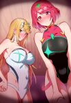  2girls amano_don bangs bare_shoulders black_swimsuit blonde_hair blush breasts cleavage covered_navel highleg highleg_swimsuit highres large_breasts long_hair looking_at_viewer multiple_girls mythra_(radiant_beach)_(xenoblade) mythra_(xenoblade) one-piece_swimsuit pyra_(pro_swimmer)_(xenoblade) pyra_(xenoblade) red_eyes red_hair revision short_hair smile swimsuit thighs white_swimsuit xenoblade_chronicles_(series) xenoblade_chronicles_2 yellow_eyes 